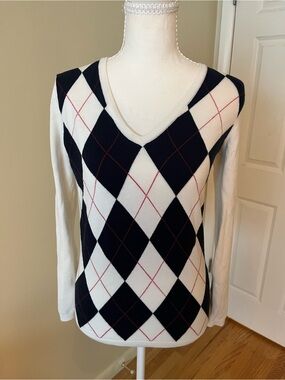 Tommy Hilfiger Women's V-Neck Argyle Sweater - Navy, White & Red